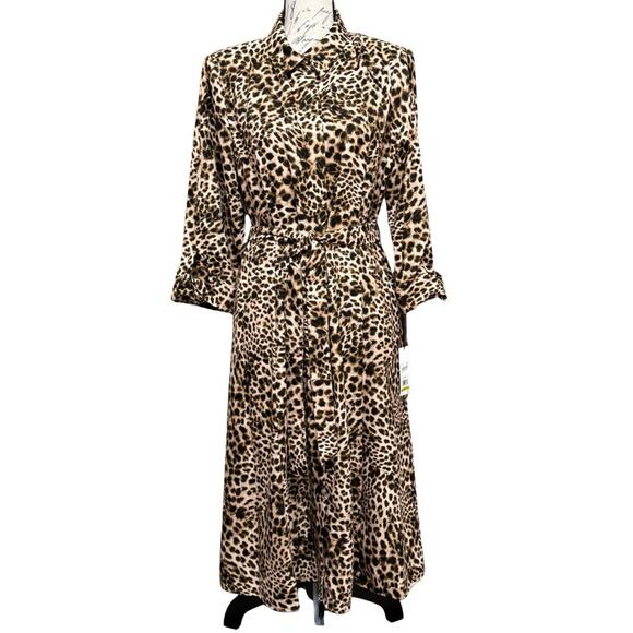 Calvin Klein Dresses & Skirts - Calvin Klein Leopard Print Shirt Dress Women’s Size 14 Belted Tie Sleeves NEW